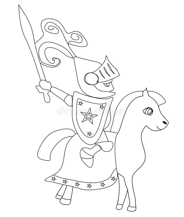 black and white cartoon knight on horse