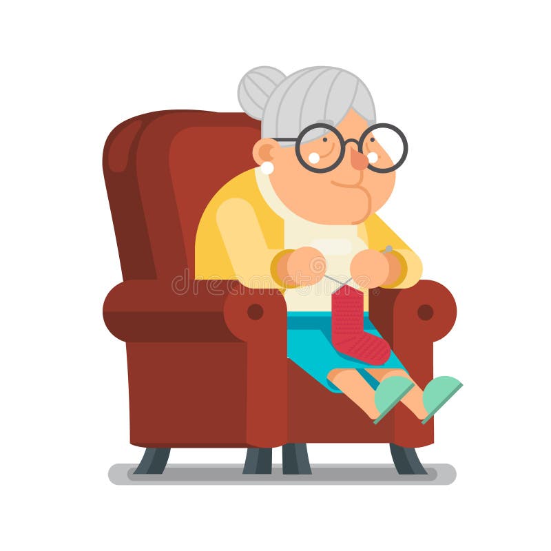 Knit Wool Sock for Grandchildren Sit Rest Granny Old Lady Character Cartoon Flat Design Vector illustration