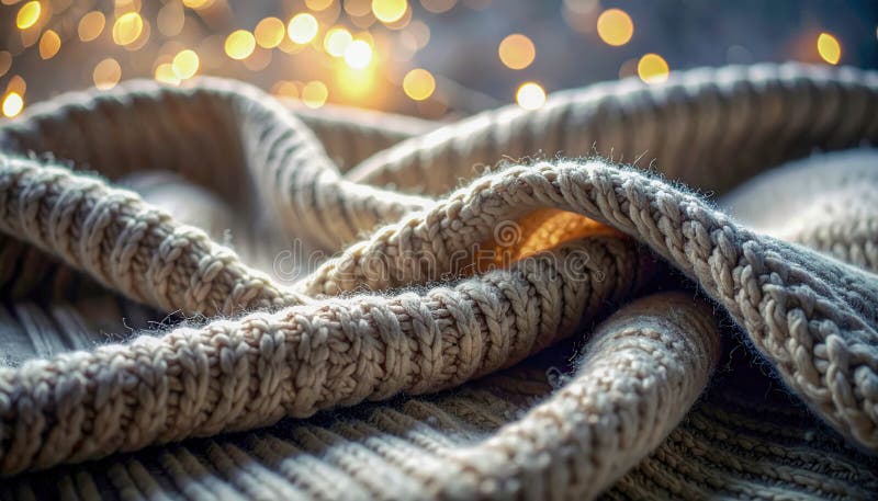 A knitted blanket with a pattern of white and brown yarn. The blanket is on a table and has a cozy stock illustration