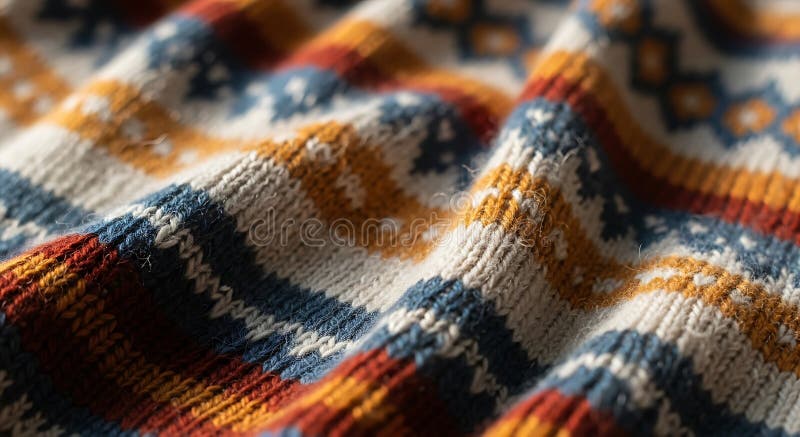 Knitted fabric with a colorful Fair Isle pattern featuring blue, mustard, rust, and stock illustration