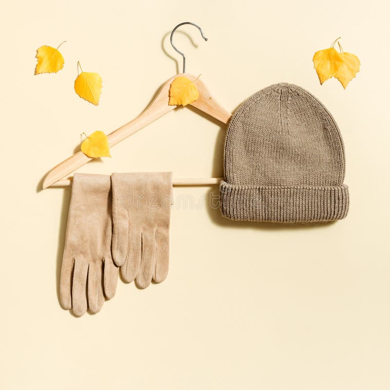 Premium Photo  Beige knitted hat and suede gloves on clothes hanger with  beige color background