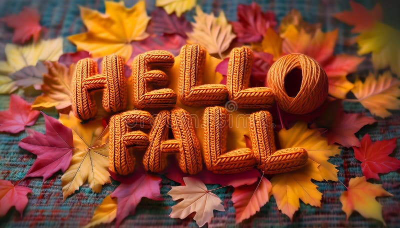 Knitted Hello Fall message in chunky yarn on colorful autumn leaves and cozy blanket. Generative AI stock photo