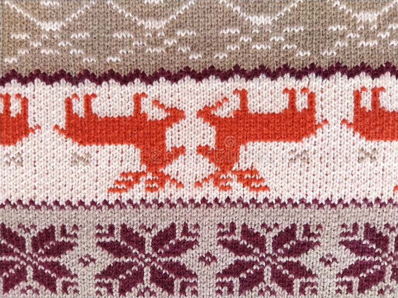 Knitted Patterns with Snowflakes, Deer, Flowers, Broken Stripes. Orange, Red Brown, White, Beige Woolen Threads Stock Image - Image of deer, season: 202287097 Knitted Patterns with Snowflakes, Deer, Flowers, Broken Stripes. Orange, Red Brown, White, Beige Woolen Threads Stock Image - Image of deer, season: 202287097