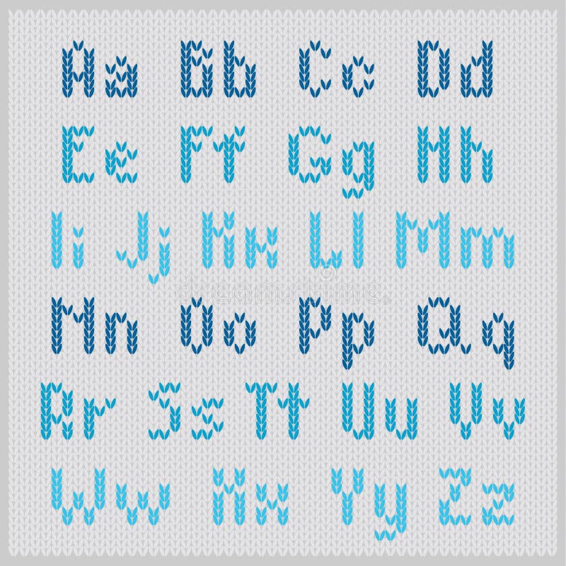 Knitted vector alphabet, blue small sans serif letters. stock illustration