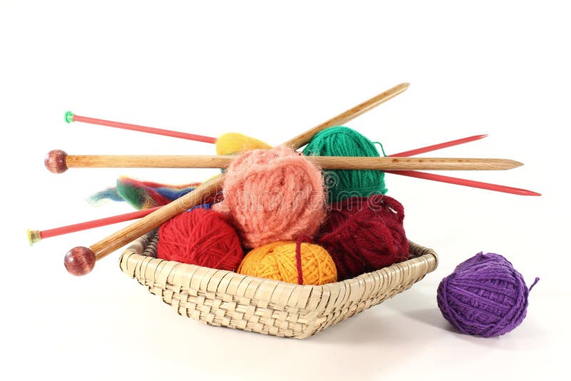 Colorful ball of wool with knitting needles in a basket