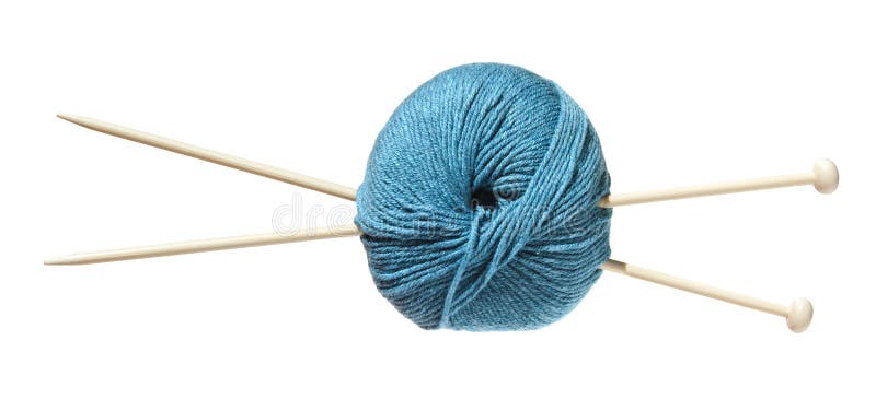 Pair of knitting needles and a ball of blue wool, isolated