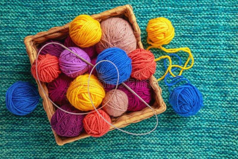 Knitting and hobbies concepts. Colorful balls of wool and knitting needles on knitted background. Copy space
