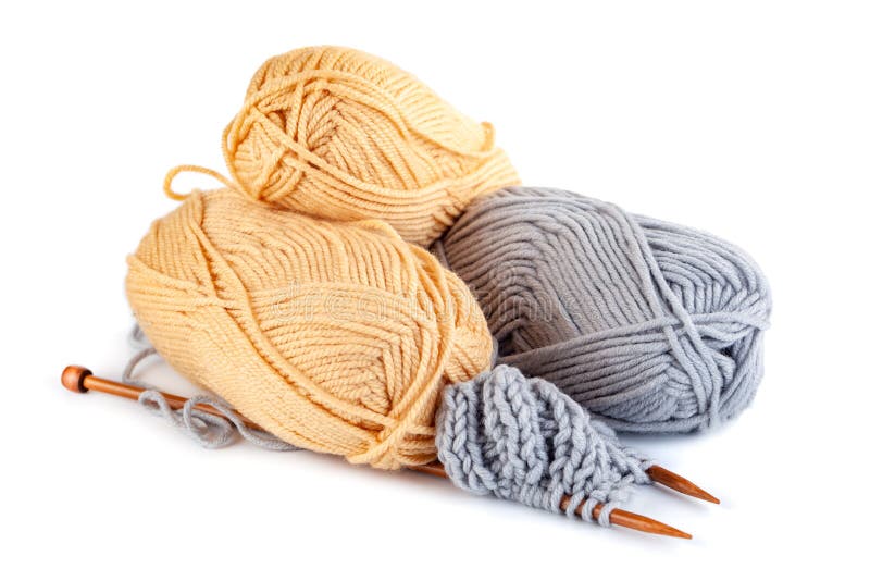 Knitting Needles and Grey and Yellow Woolen Threads Isolated on White