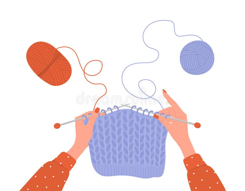 Knitting Process. Balls of Yarn. Female Hands with Needles and Thread