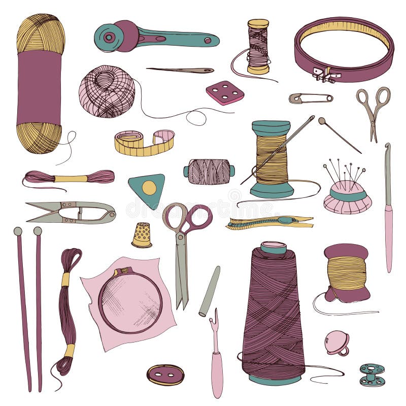 Knitting and Sewing Accessories. Hand Drawn Colorful Illustrations Set ...