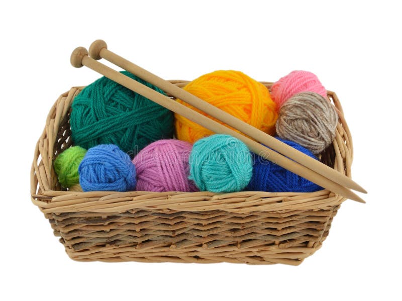 Balls of colored wool and knitting needles in basket. Balls of colored wool and knitting needles in basket