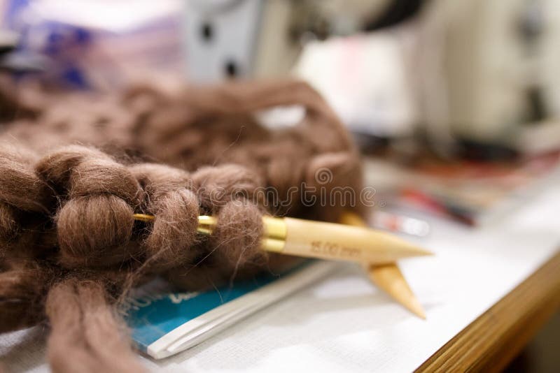 Knitting with Wool Thick Soft Brown Color Yarn on the Needles Stock Photo Image of needle