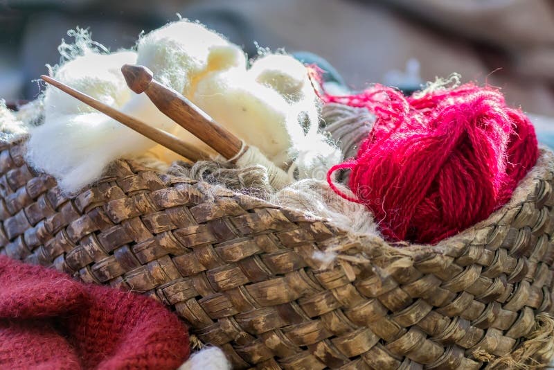 Knitting Yarn Balls and Needles in Basket on a Table Stock Image