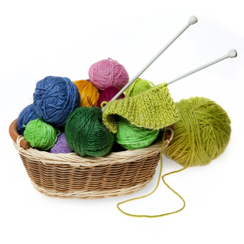 Knitting Yarn Balls and Needles in Basket Stock Photo - Image of ...