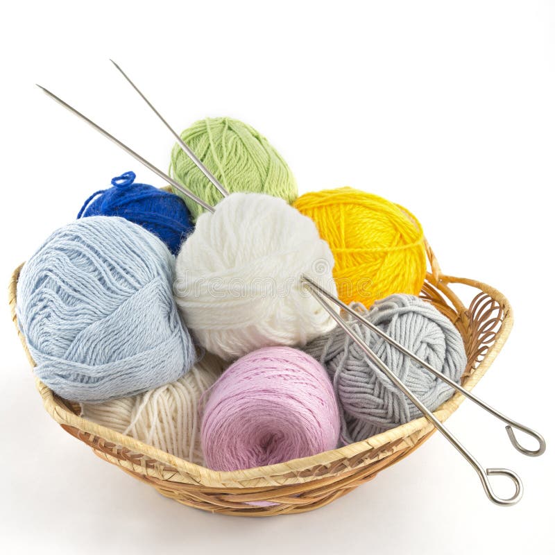 Knitting Yarn Balls And Needles In Basket On A White Background Stock ...