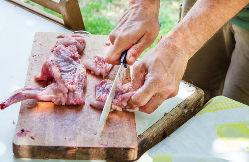 Kniv för innehav för hand för man` som s klipper och snider rå kanin på den wood skärbrädan Förbereda ingredienser för paellajamb arkivfoto Kniv för innehav för hand för man` som s klipper och snider rå kanin på den wood skärbrädan Förbereda ingredienser för paellajamb arkivfoto