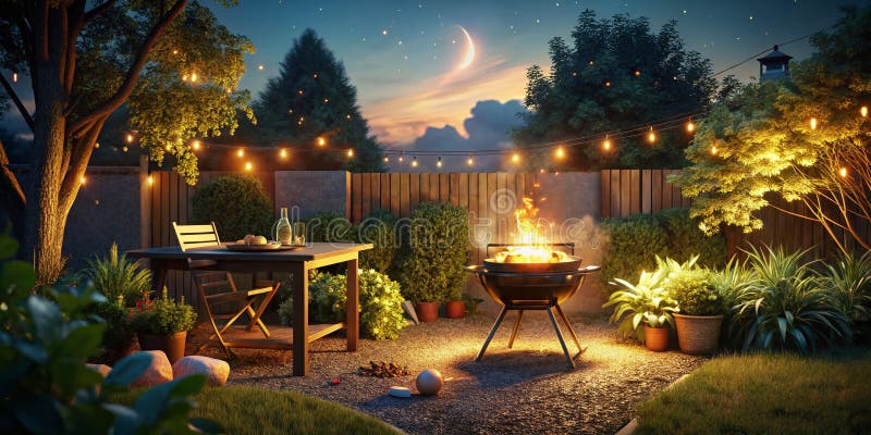 Knivning av sommar BBQ A 3D-renderare av en girig nattgrill under stjärnor royaltyfri illustrationer