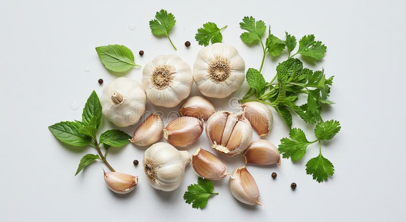 Knoblauchzwiebeln Allium sativum und Nelken sind auf weißem Hintergrund angeordnet stock abbildung