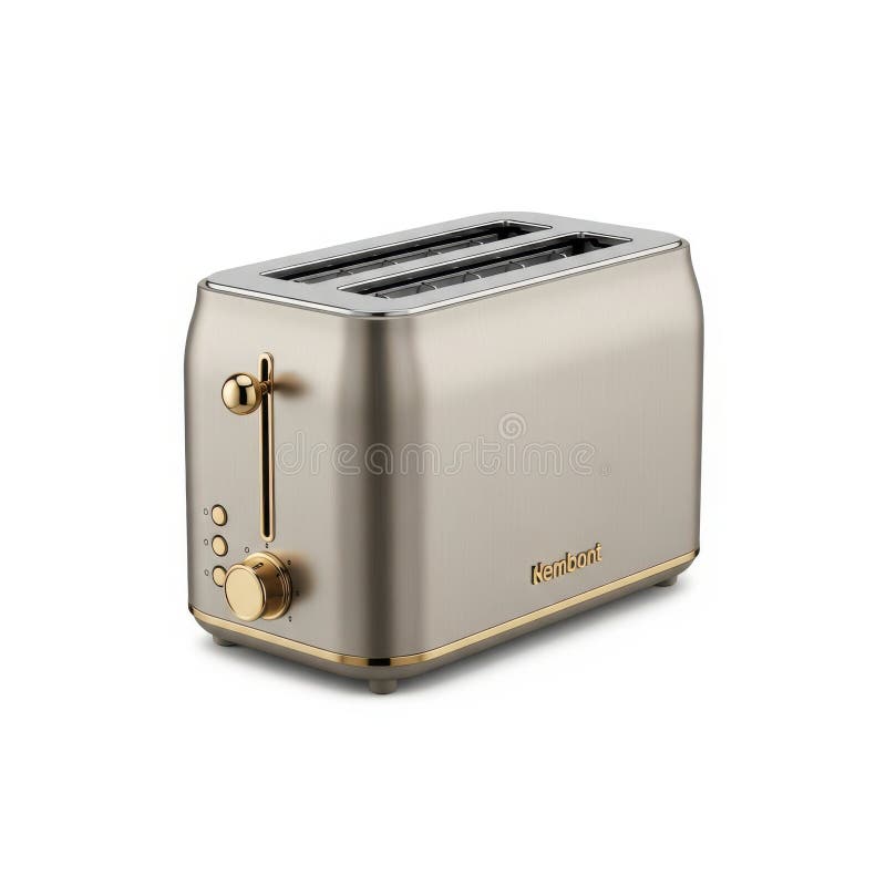Αυτή η εικόνα παρουσιάζει μια κομψη, μοντέρνα τοστιέρα με ασημί σώμα και χρυσές λεπτομέρειες στους ρυθμιστικούςKnobs και στις άκρε απεικόνιση αποθεμάτων