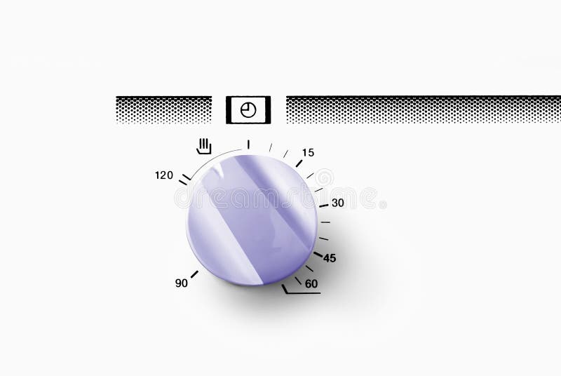 A purple timer oven knob on a white oven. A purple timer oven knob on a white oven