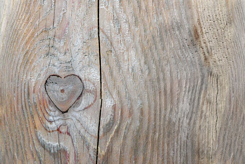 Knothole in heart shape in old wood, love background