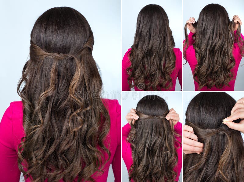 Knotted Hairstyle on Curly Hair Tutorial Stock Photo - Image of romantic, model: 81459916 Knotted Hairstyle on Curly Hair Tutorial Stock Photo - Image of romantic, model: 81459916