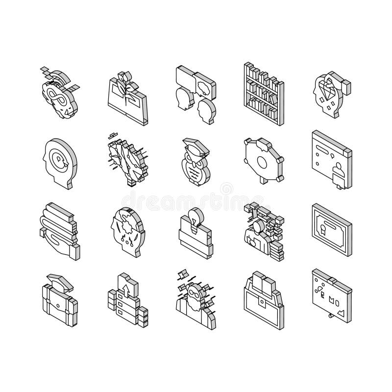 Knowledge And Mind Intelligence isometric icons set vector. World Knowledge And University Diploma, Asking Question For Solve Problem And Intelligent Talking Line. Library Shelf With Books Color.