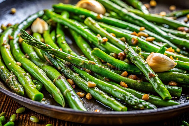 Köstliche knusprig gebratene grüne Bohnen und Spargel – Makroaufnahme von schmackhaft gewürztem Gemüse stock abbildung