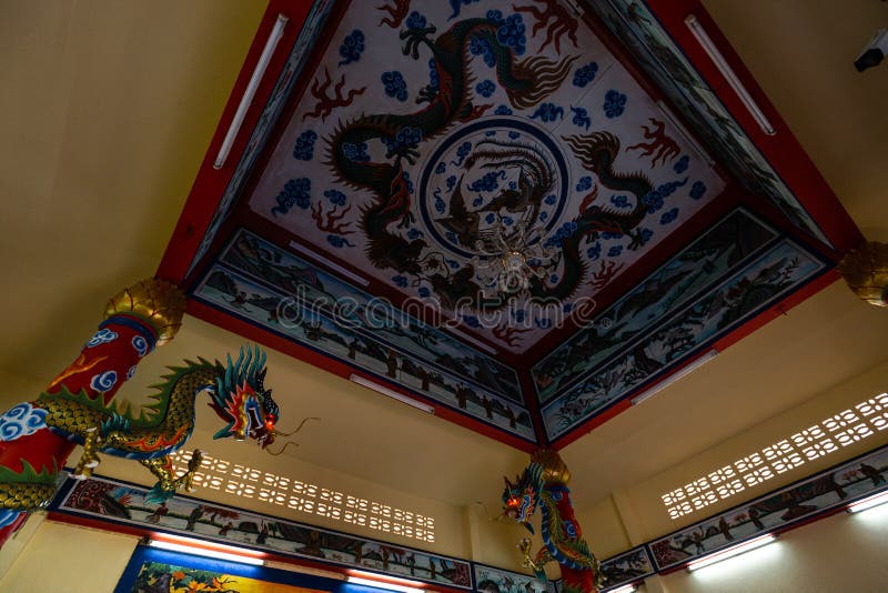 KO CHANG, THAILAND - APRIL 10, 2018: Chinese buddist temple in the north area of the island - Hieroglyphs and patterns stock image KO CHANG, THAILAND - APRIL 10, 2018: Chinese buddist temple in the north area of the island - Hieroglyphs and patterns stock image