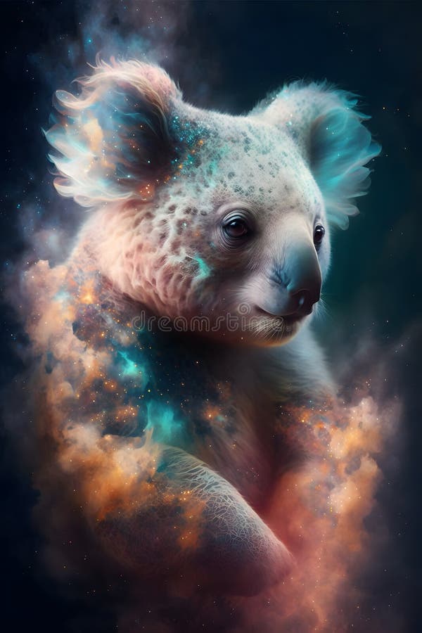 Koala Bear Head Connected with Galactic Nebula. Koala on a Black
