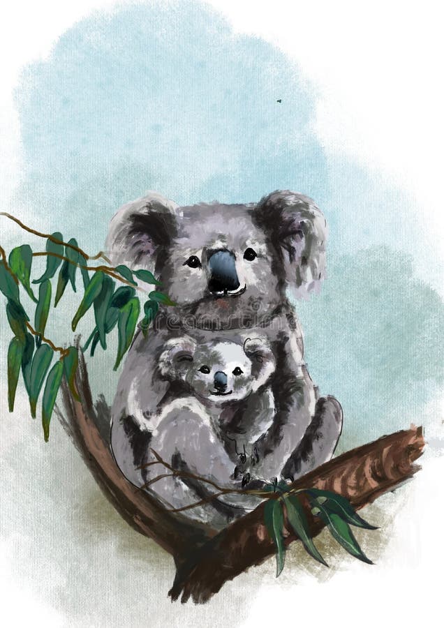 Koala e il bambino koala seduti su un albero. disegno a mano digitale illustrazione vettoriale