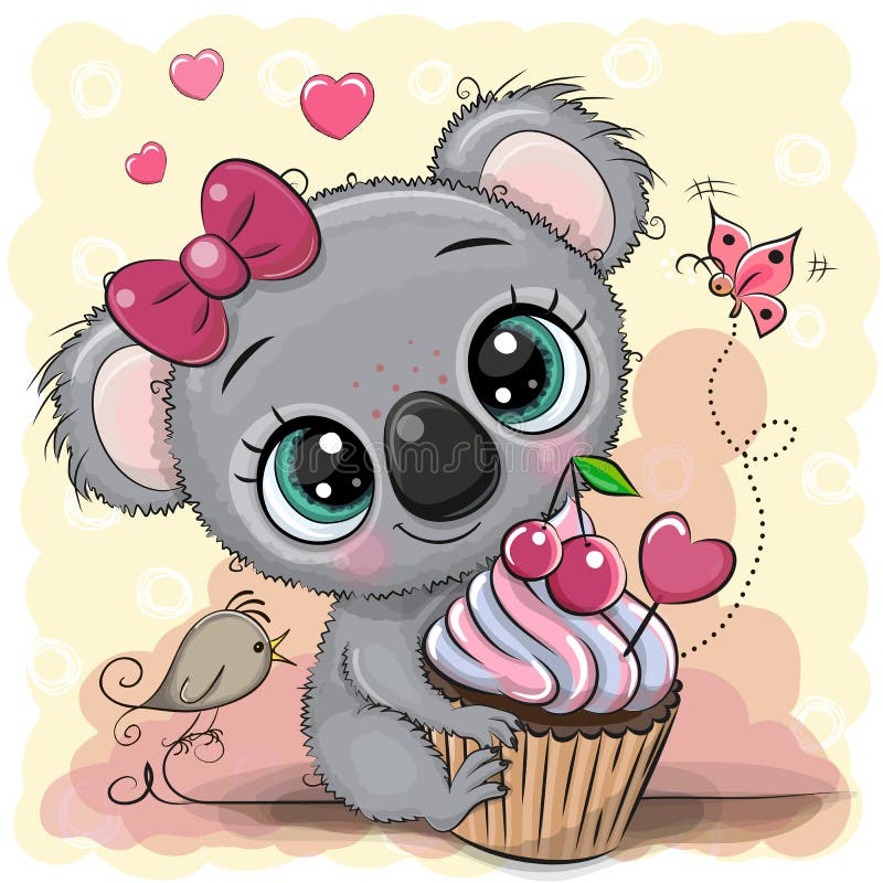 Koala för tecknad film för hälsningkort med kakan
