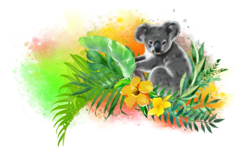 Koala in tropical colors on a rainbow background of drops of paint.