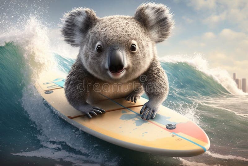 Koala se está divirtiendo en una tabla de surf y navegando por un contenido generado por wave ai ilustración del vector