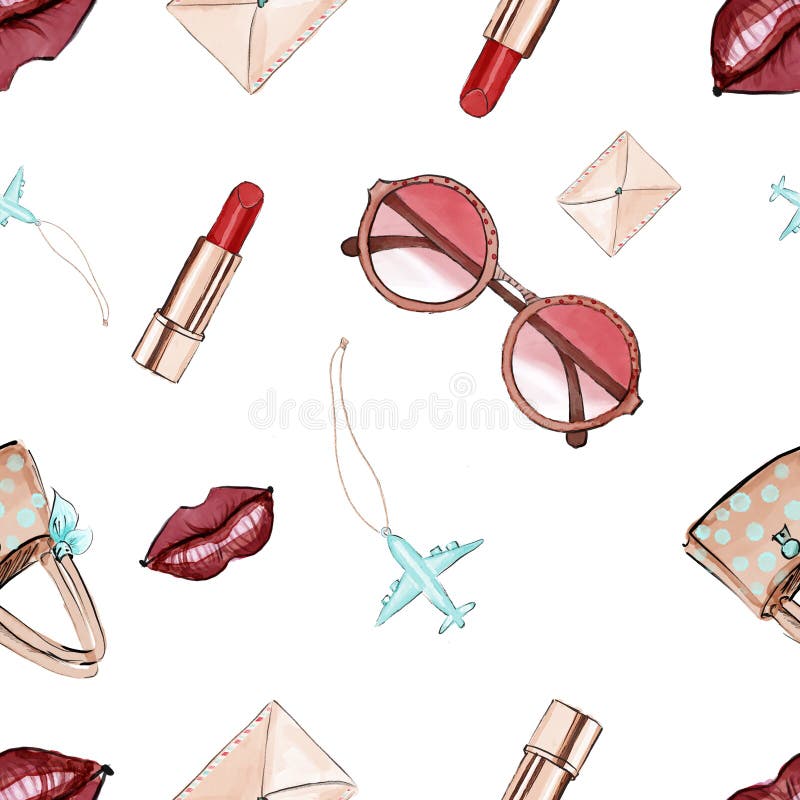 Women accessories for a beautiful look, the concept of redness and style. Watercolour sketch. Seamless pattern . Women accessories for a beautiful look, the concept of redness and style. Watercolour sketch. Seamless pattern .