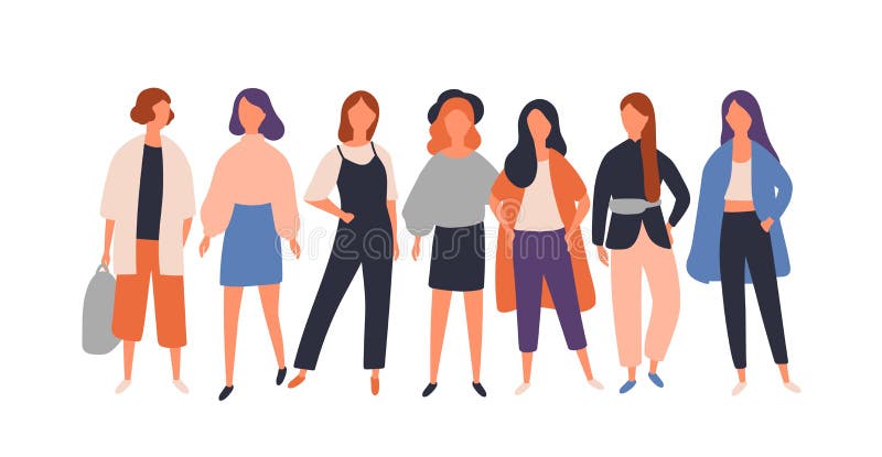Kobiece wektory płaskie Młode samice stojące w izolacji od białej Model, student ilustracji