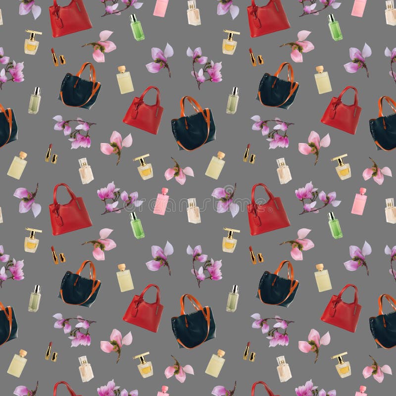 Handbag, perfume, lipstick and magnolia flowers on a gray background.Seamless pattern from the collection of women&#x27;s accessories. Handbag, perfume, lipstick and magnolia flowers on a gray background.Seamless pattern from the collection of women&#x27;s accessories.