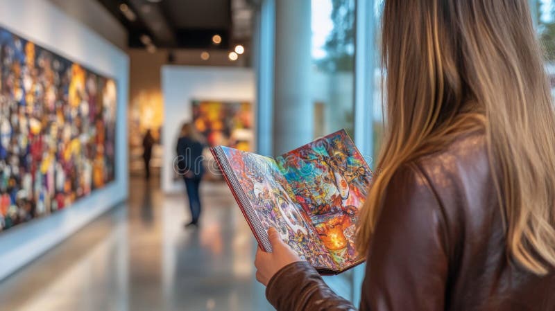 Kobieta badająca żywą abstrakcyjną sztukę w nowoczesnej galerii ilustracji