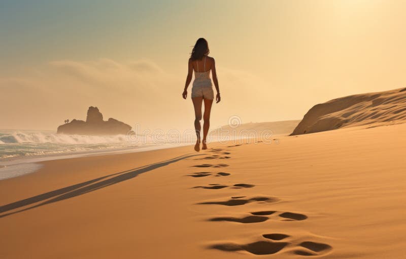 Kobieta chodząca wzdłuż plaży z odciskiem stóp w piasku obrazy royalty free