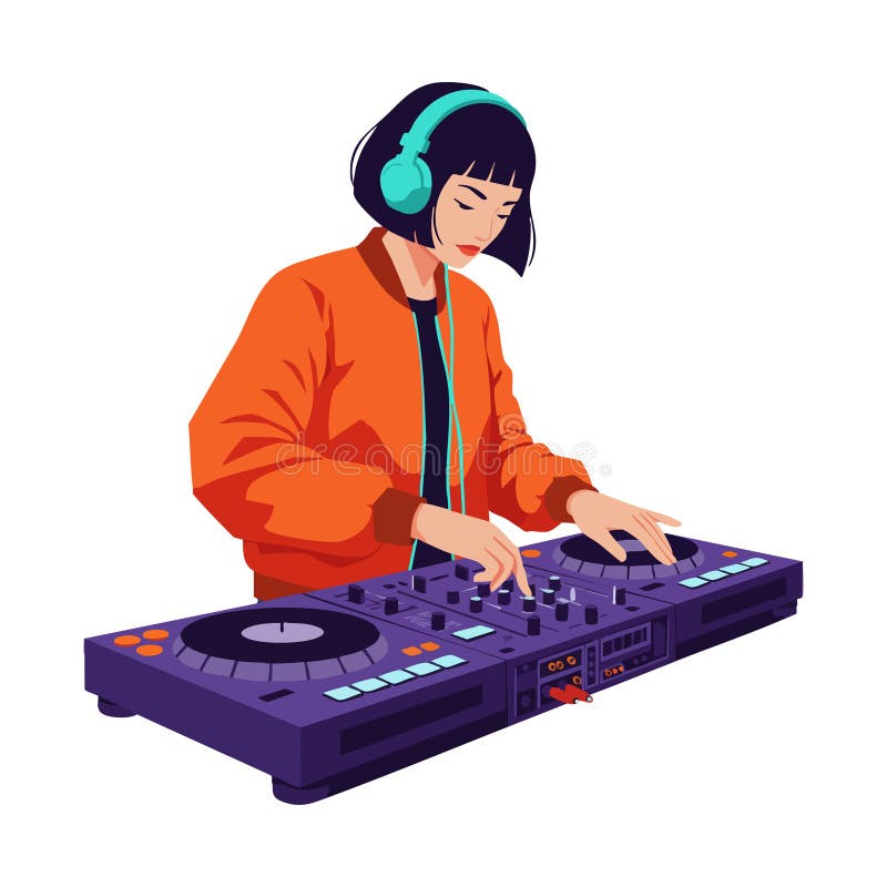 Kobieta DJ mieszająca muzykę na fioletowej konsoli z turkusowymi słuchawkami na ilustracji wektora pomarańczowego kurtki ilustracja wektor