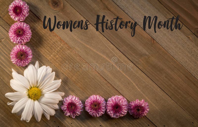Kobieta historia miesiąc na drewnianej desce z różowym kwiatem płaskim