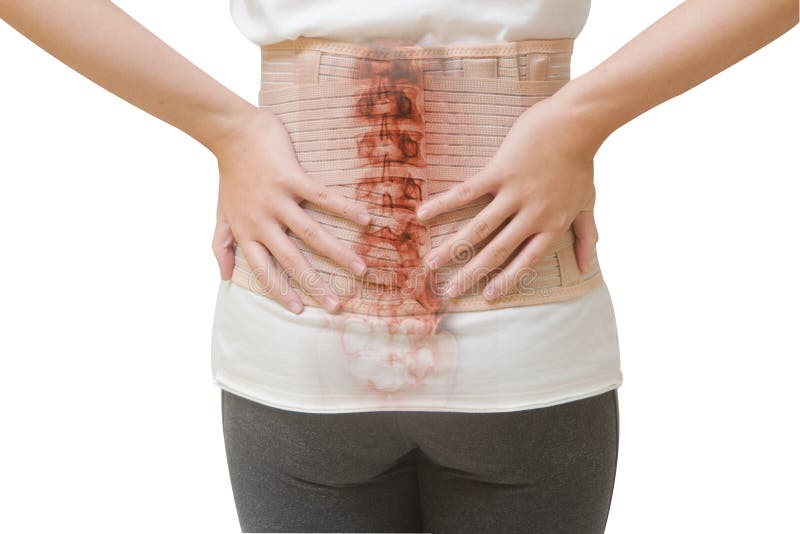Woman in back pain from spinal injury wearing lumbar brace corset. Woman in back pain from spinal injury wearing lumbar brace corset