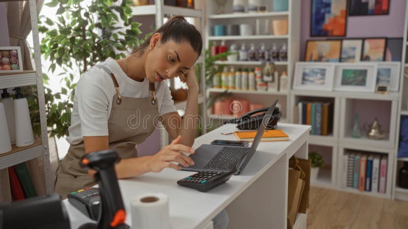 Kobieta korzystająca z laptopa w sklepie z domowymi dekoracjami, wyglądająca na zmęczoną otoczoną różnymi dekoracjami w dobrze zor obraz royalty free