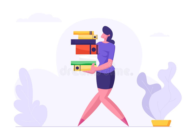 Kobieta Niesie Dużego rozsypisko dokument kartoteki Bizneswoman, sekretarka charakter, Biurowy pracownik przy pracą ilustracji Kobieta Niesie Dużego rozsypisko dokument kartoteki Bizneswoman, sekretarka charakter, Biurowy pracownik przy pracą ilustracji