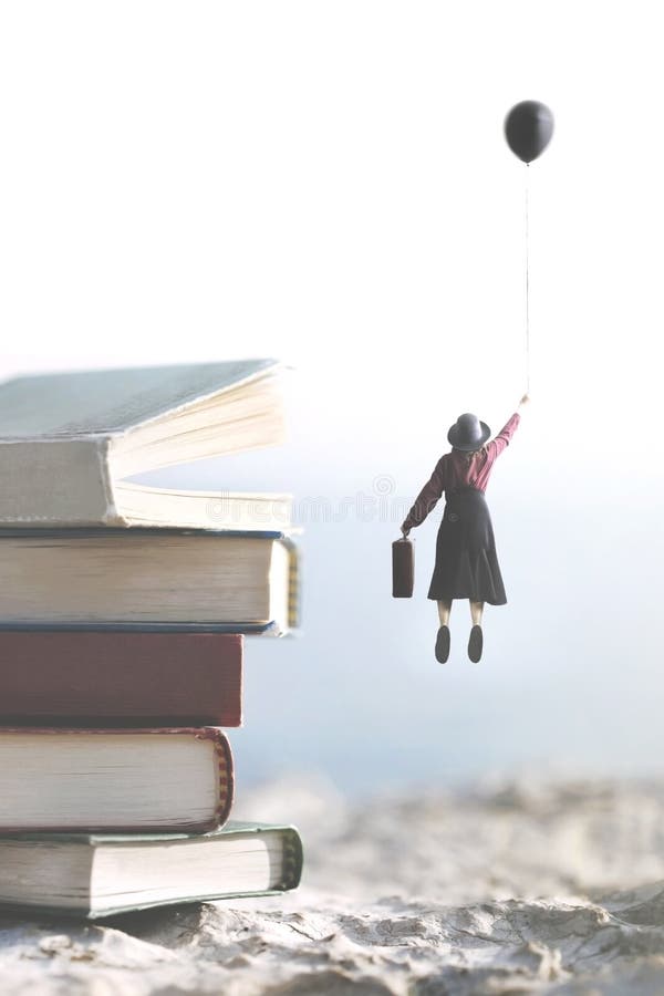 Woman carried by a balloon flies above a mountain of big books. Woman carried by a balloon flies above a mountain of big books
