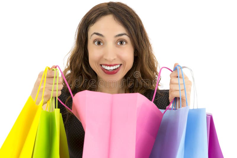 Kobieta otwiera jej prezent torbę zdjęcie stock Kobieta otwiera jej prezent torbę zdjęcie stock