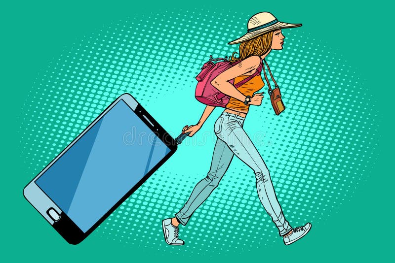 Kobieta podróżnik z smartphone Gadżet zamiast bagażu royalty ilustracja Kobieta podróżnik z smartphone Gadżet zamiast bagażu royalty ilustracja
