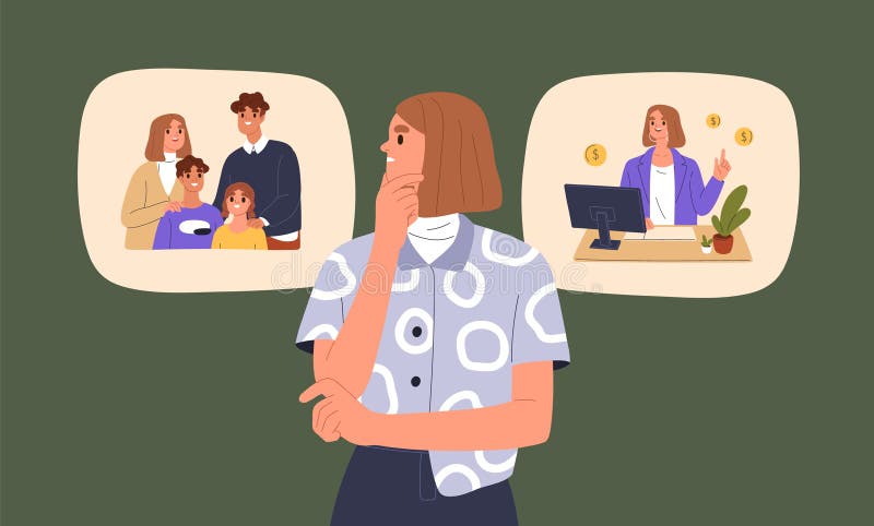 Kobieta porównująca wybór między rodziną a karierą. koncepcja równowagi pracy dla kobiet ilustracja wektor