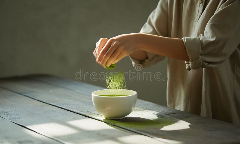 Kobieta posypująca zielony proszek matcha do miski herbaty matcha ilustracja wektor