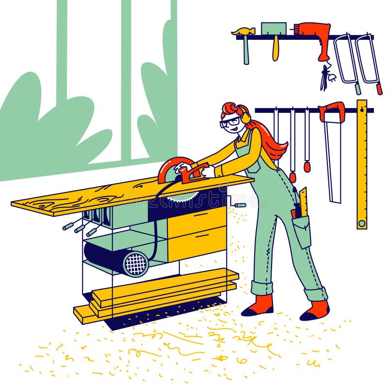 Woman Work in Carpentry Shop Concept. Girl Carpenter Character Wearing Overalls and Protective Glasses Working with Equipment and Electric Saw on Wooden Table Cutting Board. Linear Vector Illustration. Woman Work in Carpentry Shop Concept. Girl Carpenter Character Wearing Overalls and Protective Glasses Working with Equipment and Electric Saw on Wooden Table Cutting Board. Linear Vector Illustration